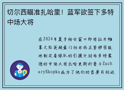 切尔西瞄准扎哈里！蓝军欲签下多特中场大将