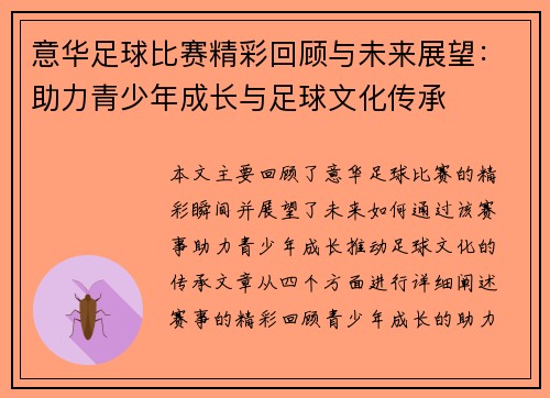 意华足球比赛精彩回顾与未来展望：助力青少年成长与足球文化传承