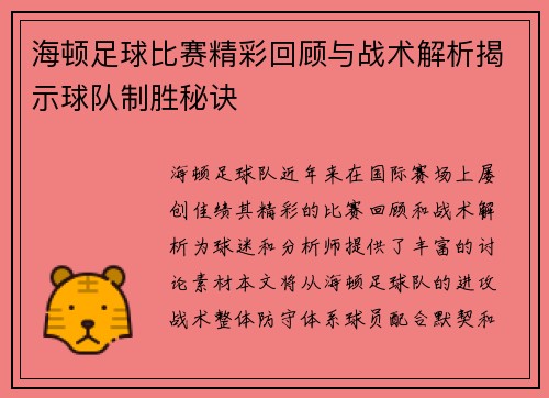 海顿足球比赛精彩回顾与战术解析揭示球队制胜秘诀