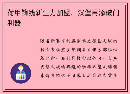 荷甲锋线新生力加盟，汉堡再添破门利器