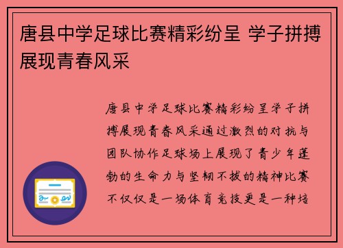 唐县中学足球比赛精彩纷呈 学子拼搏展现青春风采