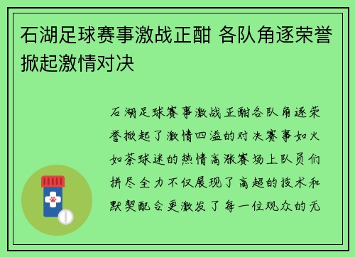 石湖足球赛事激战正酣 各队角逐荣誉掀起激情对决