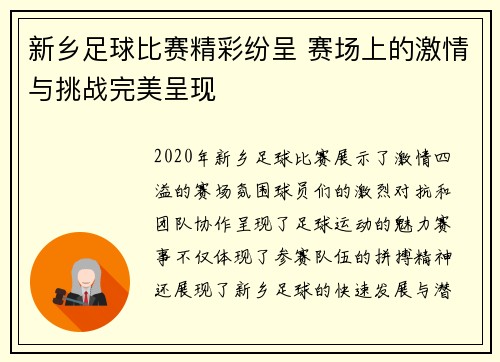 新乡足球比赛精彩纷呈 赛场上的激情与挑战完美呈现