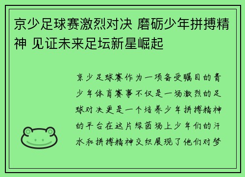 京少足球赛激烈对决 磨砺少年拼搏精神 见证未来足坛新星崛起