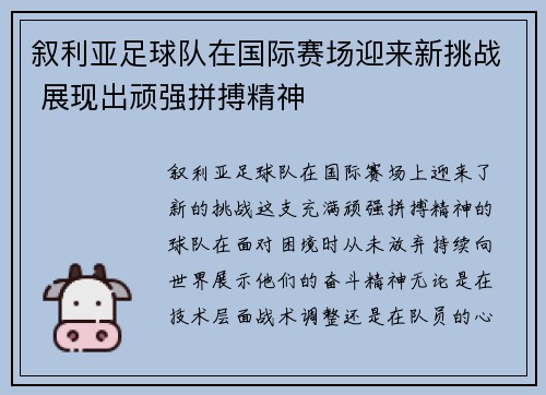 叙利亚足球队在国际赛场迎来新挑战 展现出顽强拼搏精神
