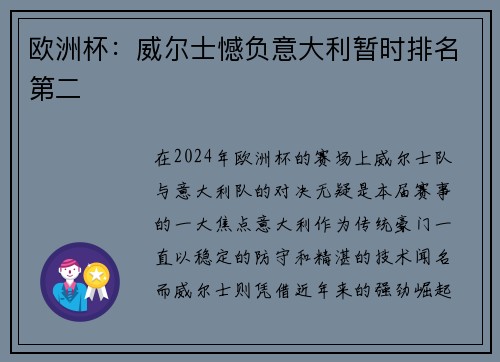 欧洲杯：威尔士憾负意大利暂时排名第二