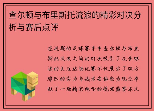 查尔顿与布里斯托流浪的精彩对决分析与赛后点评