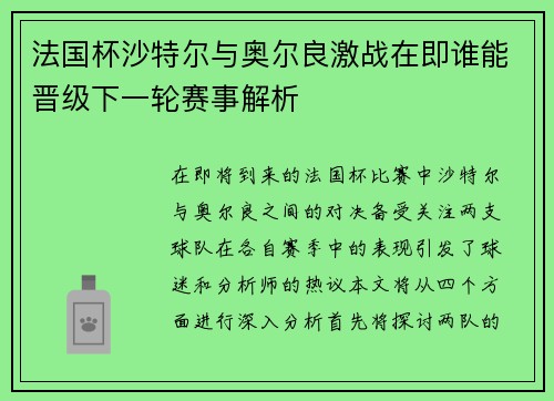 法国杯沙特尔与奥尔良激战在即谁能晋级下一轮赛事解析