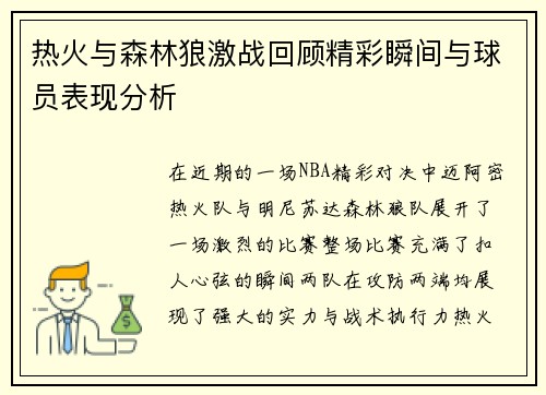热火与森林狼激战回顾精彩瞬间与球员表现分析