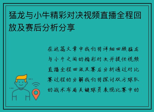 猛龙与小牛精彩对决视频直播全程回放及赛后分析分享