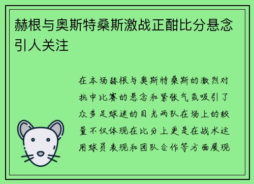 赫根与奥斯特桑斯激战正酣比分悬念引人关注