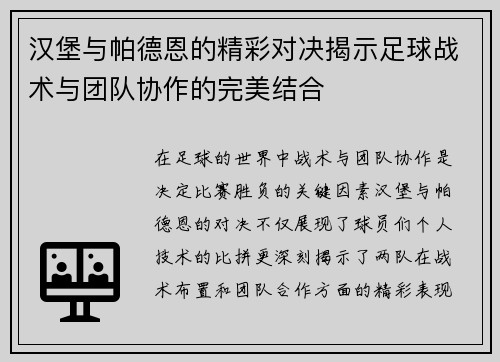 汉堡与帕德恩的精彩对决揭示足球战术与团队协作的完美结合