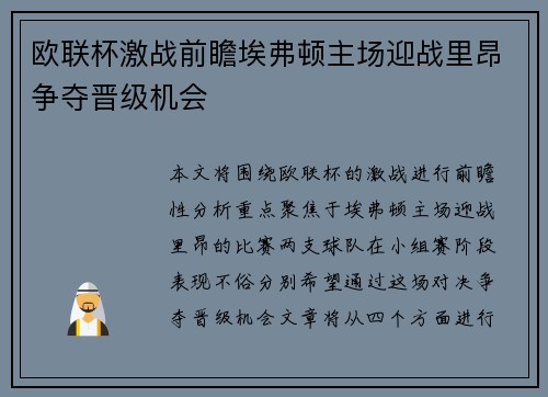 欧联杯激战前瞻埃弗顿主场迎战里昂争夺晋级机会
