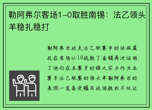 勒阿弗尔客场1-0取胜南锡：法乙领头羊稳扎稳打